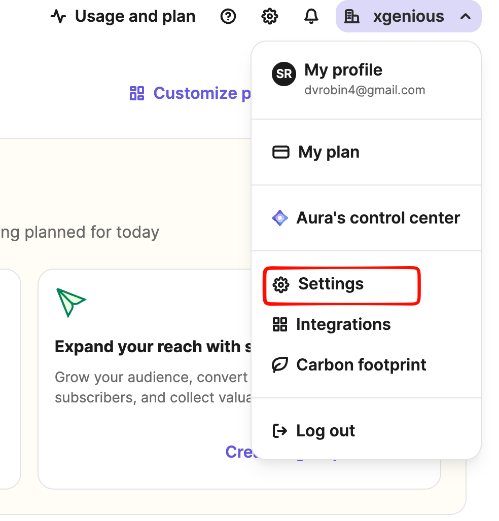 Brevo Settings Menu
