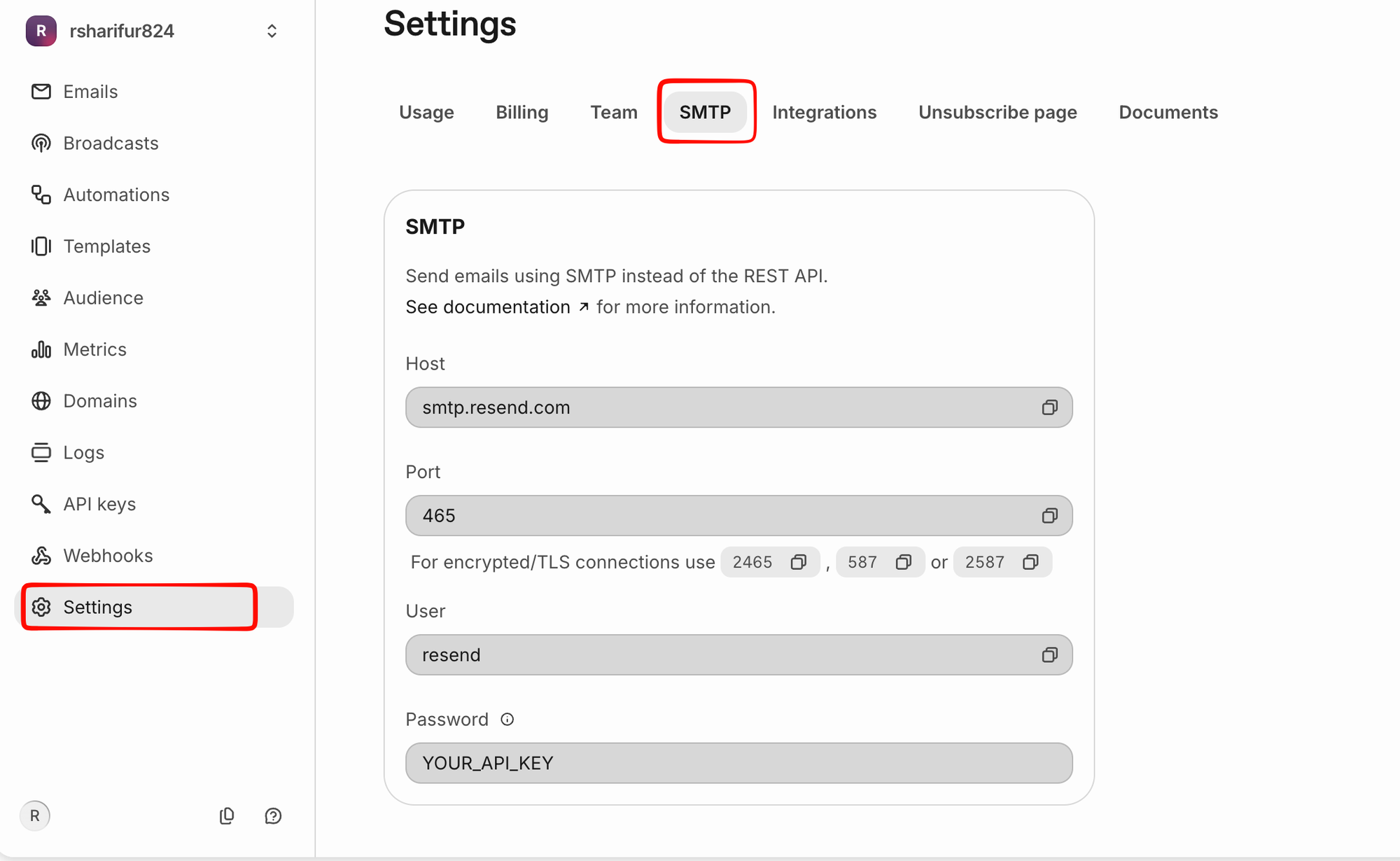Resend SMTP Settings